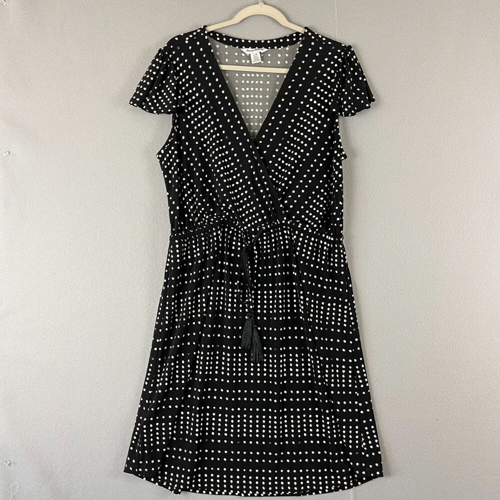 Tommy Bahama Dunmore Dot Shift Dress Womens Large Black Tassel‎ Elastic Waist